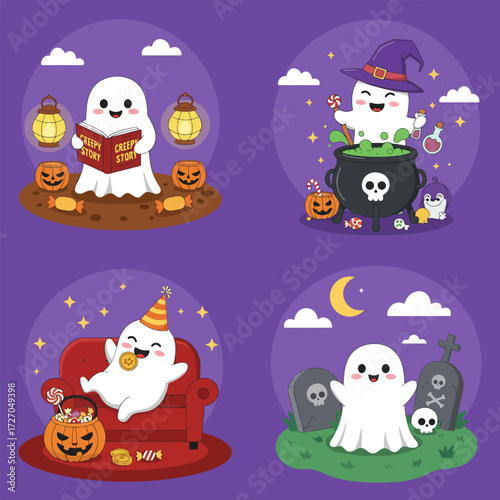 Four ghostly activities on Halloween night, vector cartoon illustration