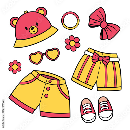 Cute cartoon collection of summer children s clothing and accessories including a teddy bear hat heart shaped sunglasses shorts and sneakers for a playful and stylish outfit