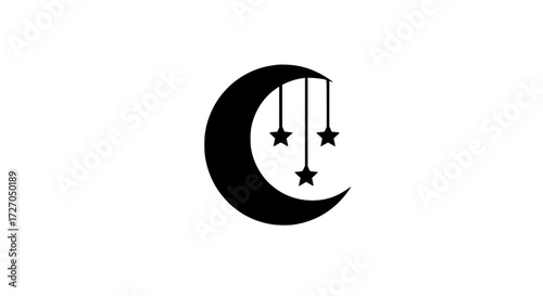 Hanging moon with stars black white icon