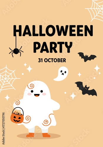 Invitation halloween party with ghost, bats, spider, and spider web