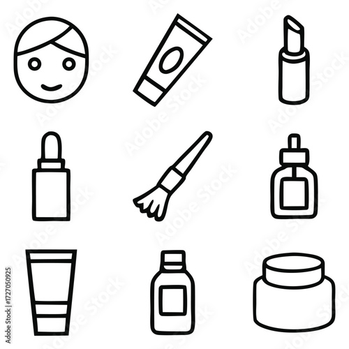 Collection of simple outline icons representing beauty and skincare products and a face