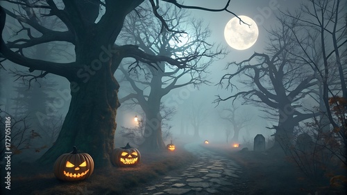 Haunted Forest Background with Glowing Pumpkins and Spooky Trees,Halloween Night Forest with Fog, Jack O Lanterns, and Full Moon