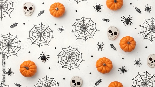 Minimal Halloween Pattern with Skulls, Spiders, Webs, and Pumpkins on White Background,Simple Halloween Seamless Pattern with Tiny Pumpkins, Skulls, and Spooky Spider Webs