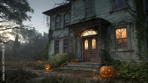 Spooky Abandoned House Background with Broken Windows and Glowing Pumpkins,Haunted House Entrance with Overgrown Weeds, Broken Glass, and Halloween Pumpkins