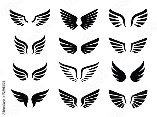 Decorative flying wings emblem, isolated vector icons of angel wings and eagle stencil symbols