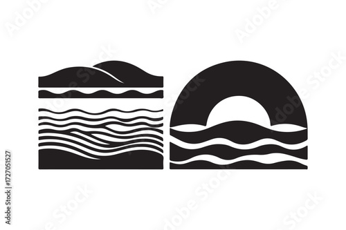Abstract black and white landscape and archway with waves