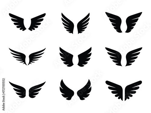Silhouette pair of wings icon, angel and eagle wing vector bundle for logo and tattoo design