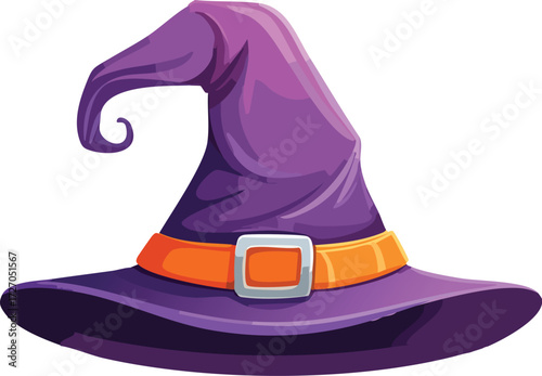 A purple witch or wizard hat with an orange band and a golden buckle. An isolated vector illustration for Halloween costumes and magic concepts. Generative AI