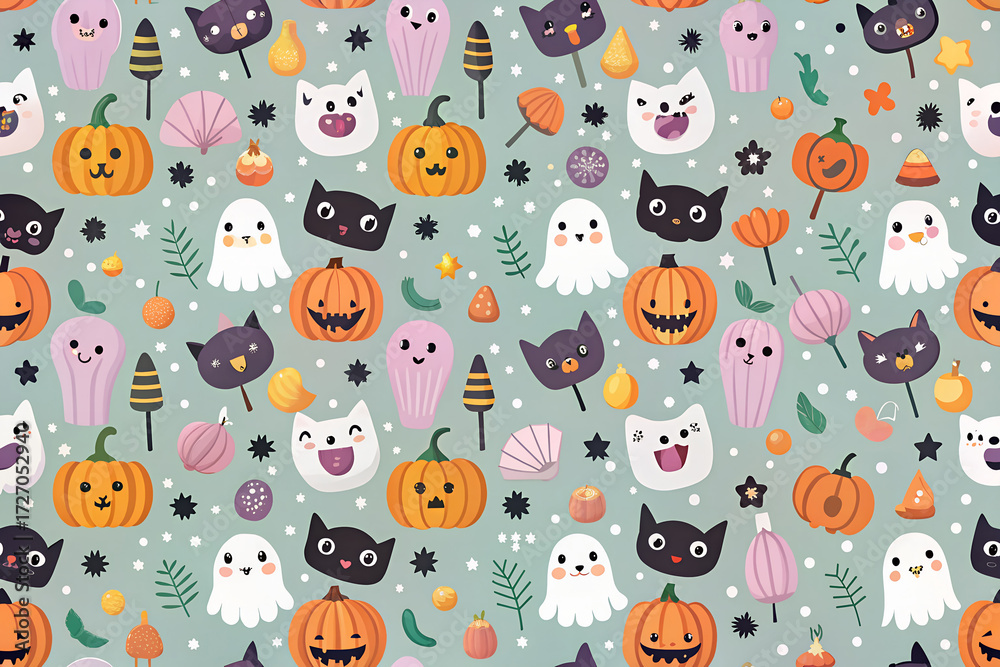 Obraz premium Spooky Cute Halloween Icons Pattern