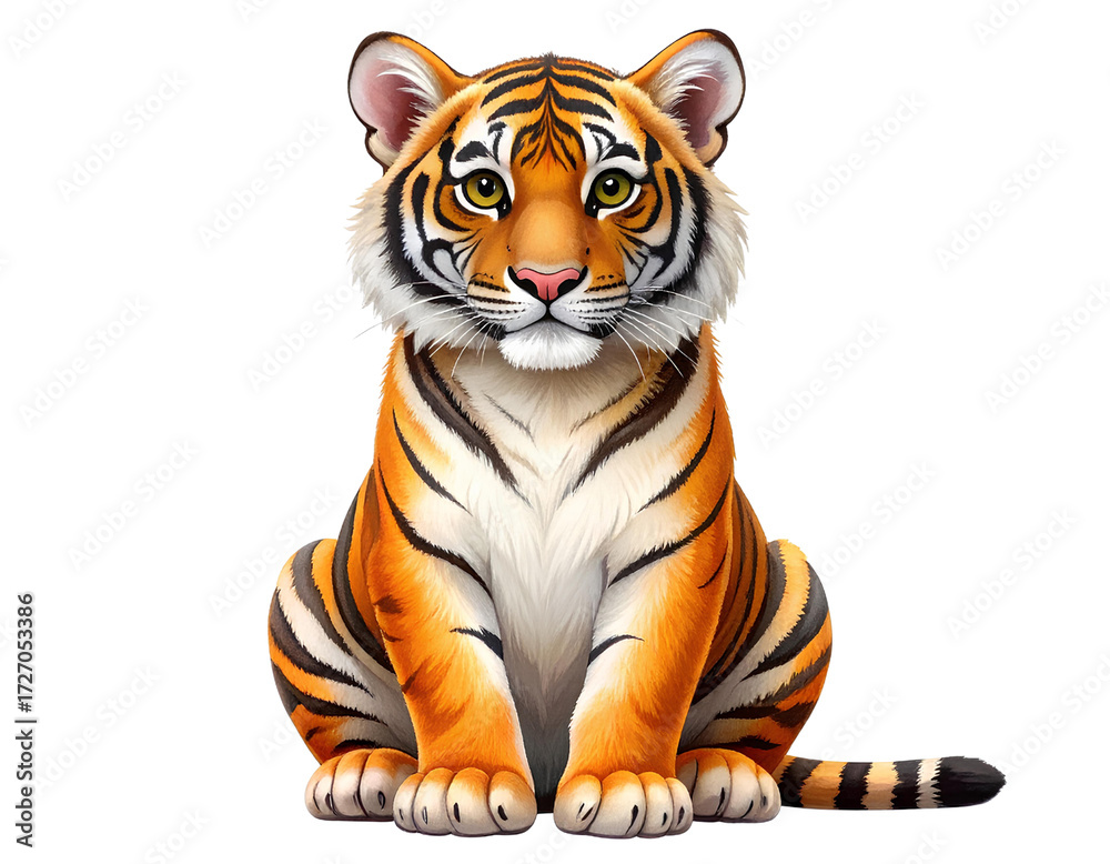 Fototapeta premium Cute Cartoon Tiger Sitting with Big Eyes, Children’s Animal Character PNG