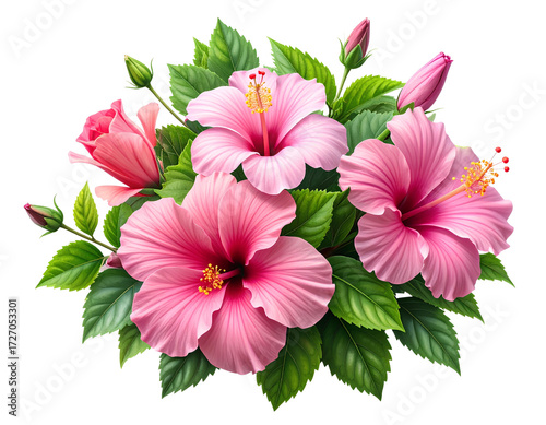 Cluster of Hibiscus Buds and Blossoms, Natural Arrangement, Transparent Background
