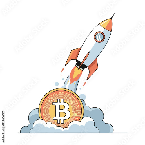 Digital currency growth concept with a rocket launching upwards from a golden crypto coin. A metaphor for successful investment and startup launch