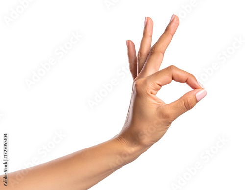 Side Angle Woman’s Hand OK Gesture with Soft Lighting, Cutout PNG