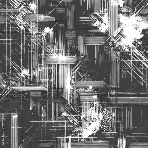  High-contrast abstract composition featuring intersecting lines, grids, and textured marks. Monochrome palette creates a dynamic, industrial vibe suitable for backgrounds