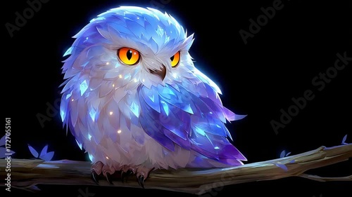Animated Cute Baby Owl Perched on a Branch with Glowing Feathers Cartoon Style