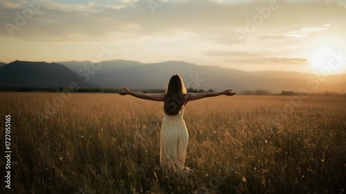 Young woman with arms outstretched in a field at sunset, feeling free