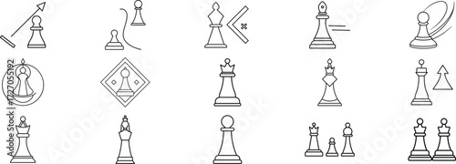 Chess Icons Bundle featuring pawn, queen, bishop, and strategy outline illustrations. Perfect for board games, tactics, competition, leadership, success, planning, and strategic thinking concepts.