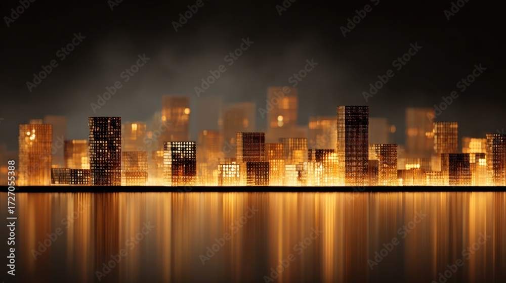 Fototapeta premium Illuminated Cityscape with Glowing Structures Reflecting in Calm Water at Night