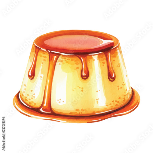 Watercolor Vector Flan Caramel Custard Dessert Illustration Isolated on White Background