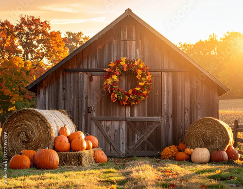 Autumn Barn Scene Pumpkins, Hay Bales, and a Wreath in a Picturesque Fall Setting