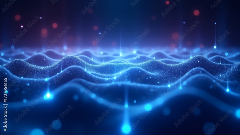 Fototapeta premium Abstract digital waves with glowing particles create a futuristic and dynamic scene. The blue light effects add a sense of technology and data flow