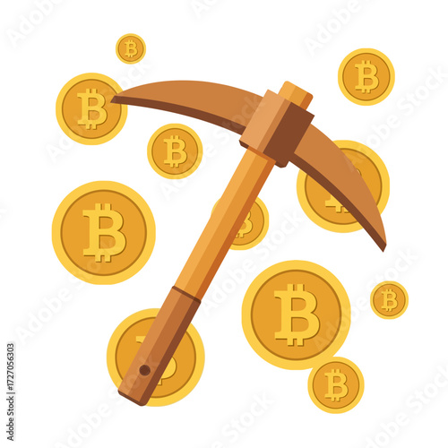 Bitcoin Mining Pickaxe Striking Through Digital Currency for Financial Growth