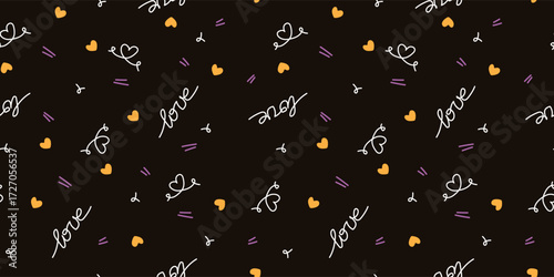 Luxury seamless Valentine pattern with handwritten love lettering and golden hearts on black background, ideal for romantic textile and packaging design
