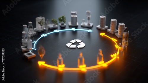 Circular Economy Concept with Recycle Symbols and Modern Products Displayed on Dark Background