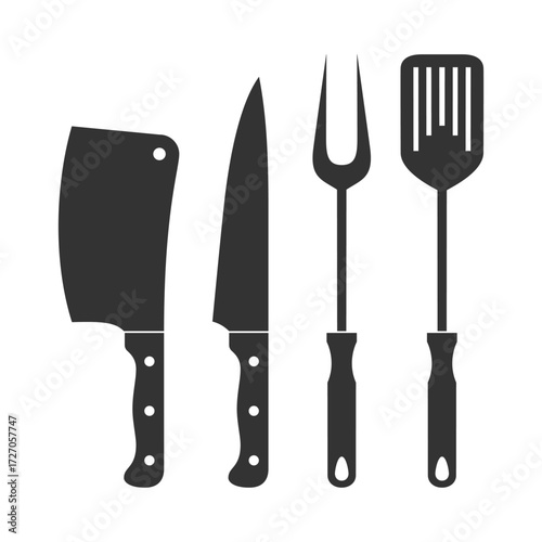 Meat and grill tools icons set. Hatchet, knife,  fork and spatula isolated symbols on white background. Vector illustration