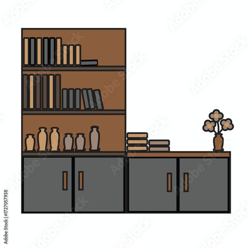 Bookshelf storage cabinet icon, home interior decoration
