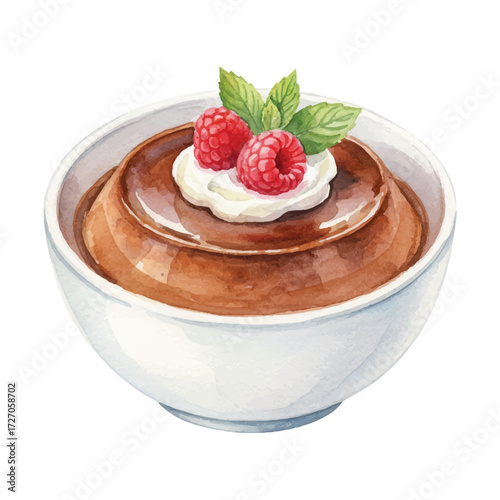 Watercolor Vector Chocolate Pudding Dessert Illustration on White Background
