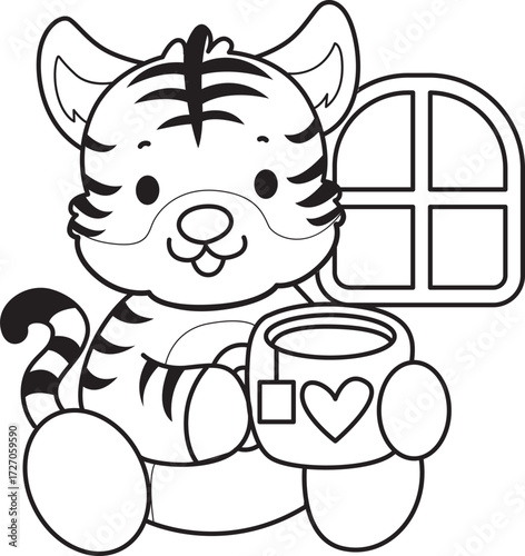 Coloring book of cute tiger character vector clip art for children.  
