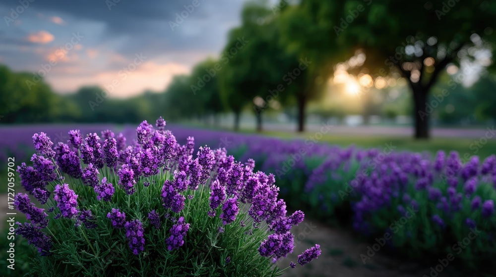 Naklejka premium Lavender Field at Sunset with Trees in Background and Warm Light