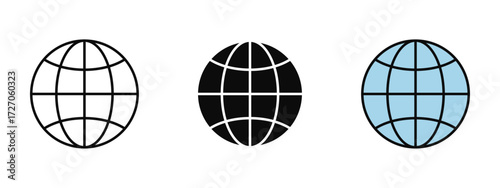 Globe icon available in line art, fill, and colored outline styles with a white background. Represents world, internet, global connection, and international communication.