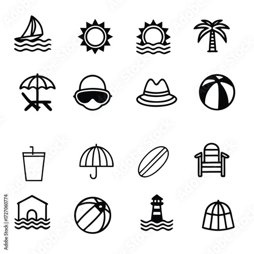 Collection of hand drawn summer vacation and beach activity icons representing leisure and relaxation