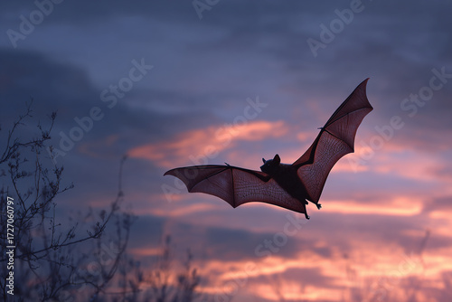 Nightfall Wildlife: Bat Flying at Dusk