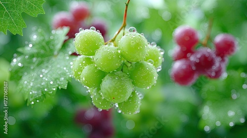 Lush Grape Cluster with Green and Red Berries Covered in Water Droplets on Vine with Leafy Background