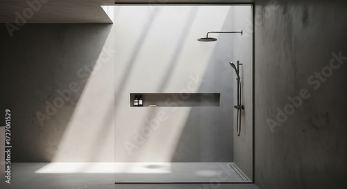 Sunlit minimalist walk-in shower with concrete walls and black rain shower head