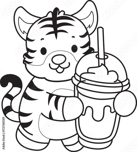Coloring book of cute tiger character vector clip art for children.  