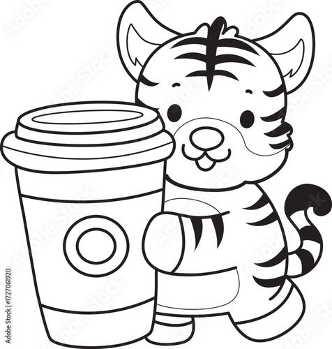 Coloring book of cute tiger character vector clip art for children.  