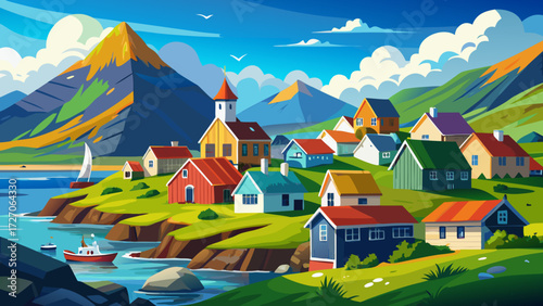 very beautiful Nestled village along the serene fjord of the Faroe Islands under clear blue skies