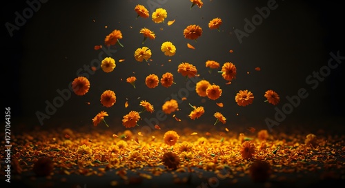 Black background with floating marigolds glowing in soft light.