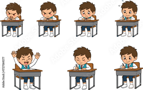 Cartoon Student Showing Emotions at Desk Vector Illustration for Education, Classroom, Test Stress, Learning, School Life, and Study Themes