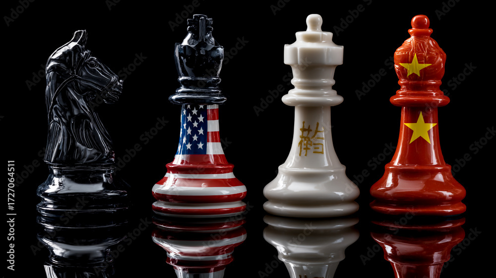 Obraz premium Four chess pieces, each painted in the colors and flags of different countries
