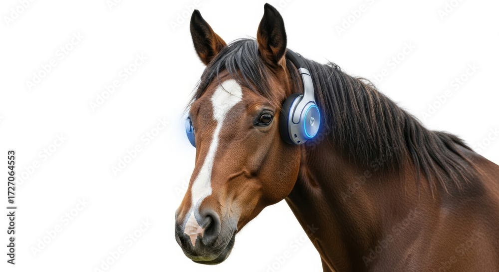 Fototapeta premium horse wearing headphones, listening to music, on a solid white background