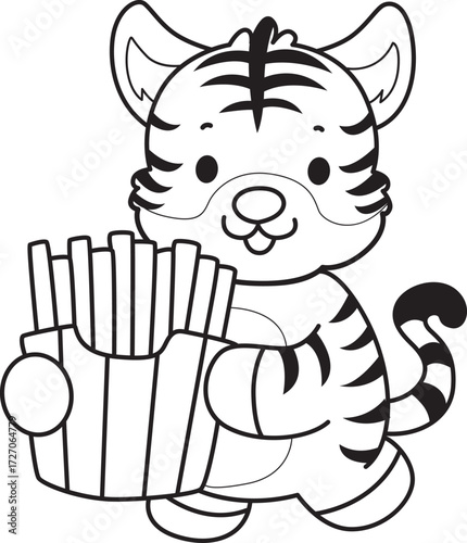 Coloring book of cute tiger character vector clip art for children.  