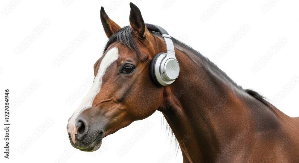 Fototapeta premium horse wearing headphones, listening to music, on a solid white background