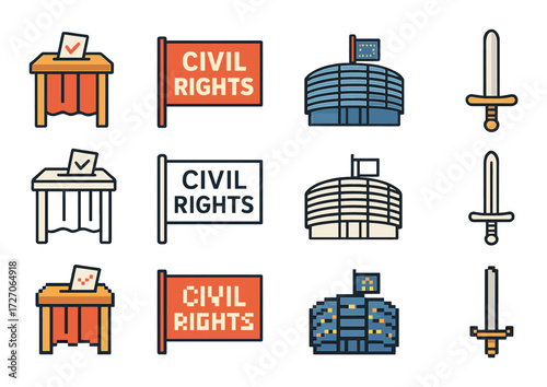 Civil rights icons with voting booths, flags, buildings, and swords in pixel art style