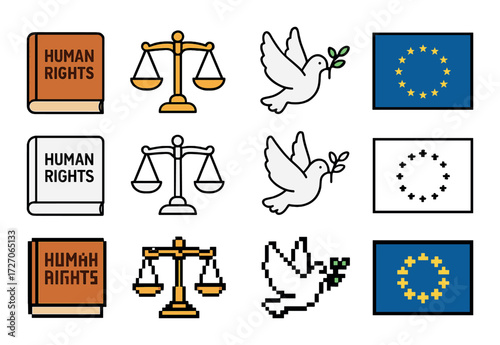 Human rights, justice, and peace symbols with european union flags and scales