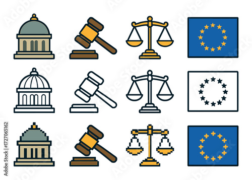 Modular justice icons featuring gavel, scales, government buildings, and european flags